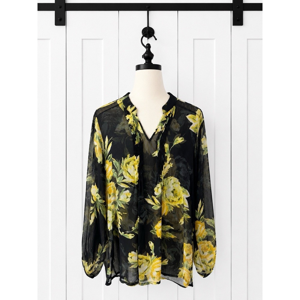 Susan Graver Chiffon Flowy Semi Sheer Tunic Top Pintucked V-Neck Black Yellow M